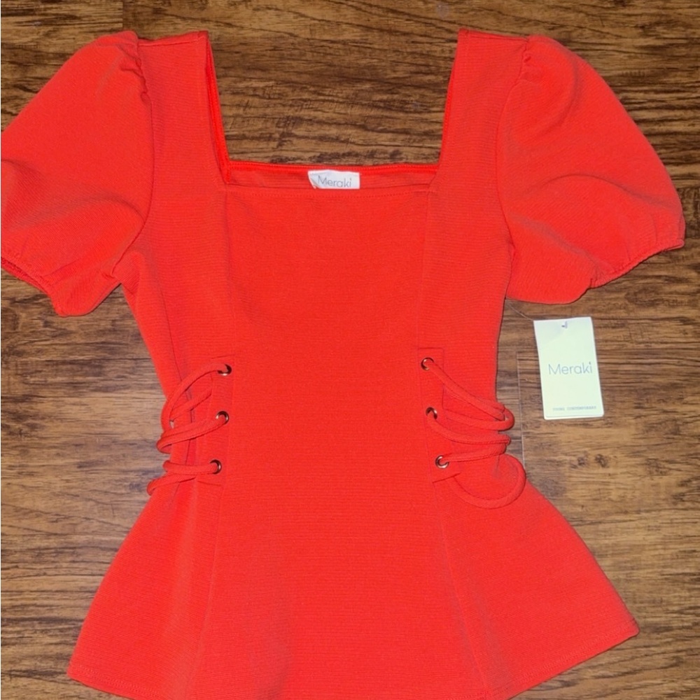 Meraki Vibrant Orange Lace-Up Blouse